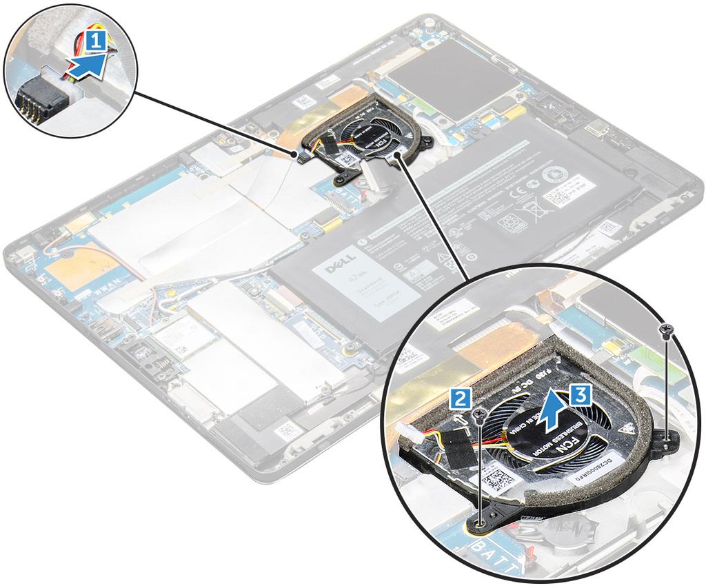 Installera systemfläkten 1 Rikta in systemfläkten med skruvhållarna på moderkortet. 2 Sätt tillbaka M2,0 x 3,0-skruvarna för att fästa systemfläkten i moderkortet.