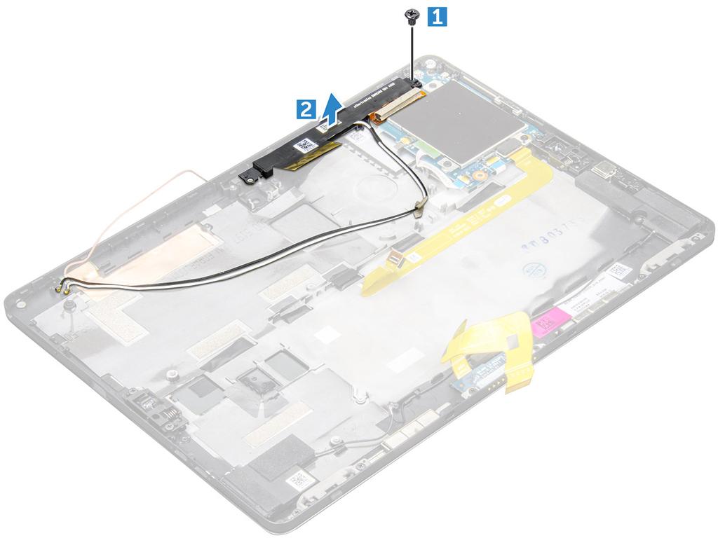 Installera antennmodulen 1 Sätt in antennmodulen i facket på surfplattans bakre hölje. 2 Dra åt M1,6 x 3 mm-skruven som håller fast antennmodulen. 3 Dra antennkablarna genom kabelkanalerna.