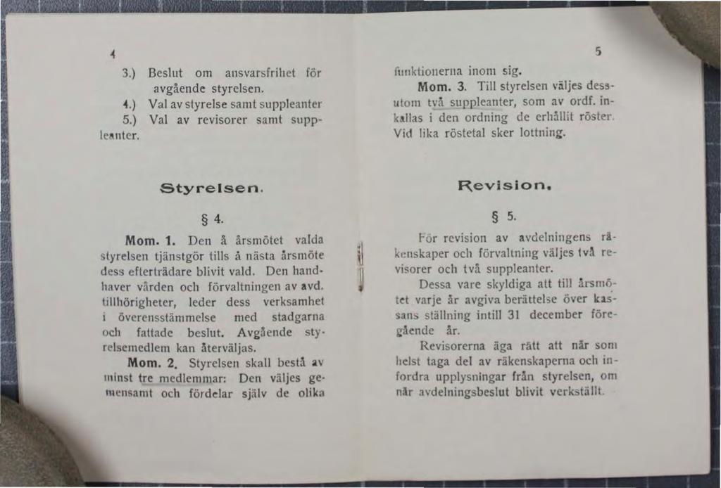 3.) Beslut om ansvarsfrihet för avgående styrelsen. 4.) Val av styrelse samt suppleanter 5.) Val av revisorer samt supple~nter. funktionerna inom sig. Mom. 3.