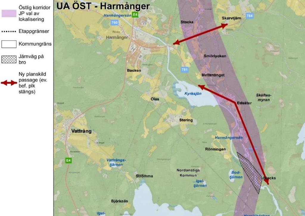 Korridorbeskrivning Östlig korridor Stegskogen-Bäling Vid Södertjärnen delar sig järnvägskorridoren och det Östliga korridoralternativet följer befintlig järnväg norrut.