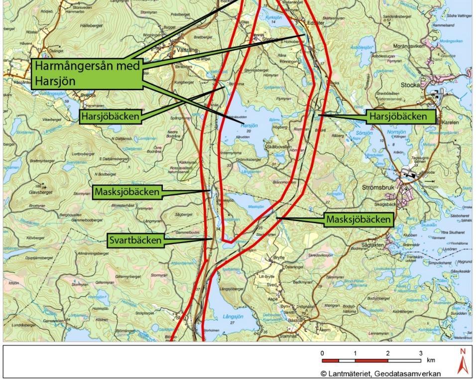 Gula pilar avser tätorter och småorter och gröna pilar naturvärden. Grå pilar avser riskobjekt, d.v.s. platser och företeelser som kan komma att medföra skada på själva järnvägen.