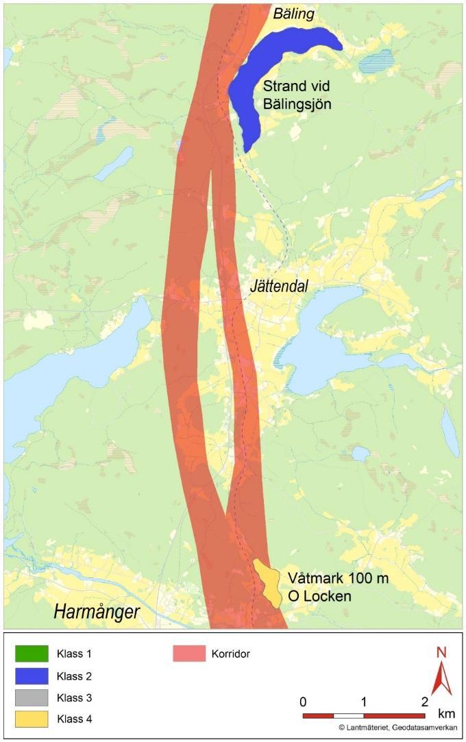 7-6. Våtmarker med naturvärden längs norra delen av etappen, klassade enligt våtmarksinventeringens (VMI) klasser 1-4, där klass 1 motsvarar mycket höga naturvärden och klass 4 låga naturvärden.