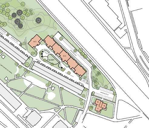 Figur 3. Situationsplan som visar förslaget med nya bostäder. Byggnader som omfattas av denna handling är rödmarkerade. 2.