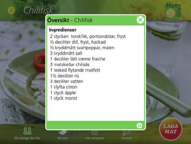 4. Översikt I översikten beskrivs receptets: ingredienser, redskap och instruktioner bara med text, d.v.s utan bilder, timers och tidsangivelser.