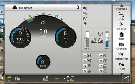 2 Status hydraulventiler 3 Maskininformation 4 Effektmonitor 5 Informationsområde transmission 6 Tilldelning av funktionsknappar 7 Meny 8 DIRECT ACCESS snabbåtkomst via CEBIS pekskärm eller knappar i