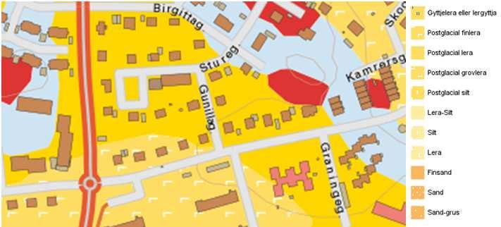 9(17) Jordartskartan från SGU med planförslagets utbredning översiktligt markerat (orange färg markerar glacial lera).