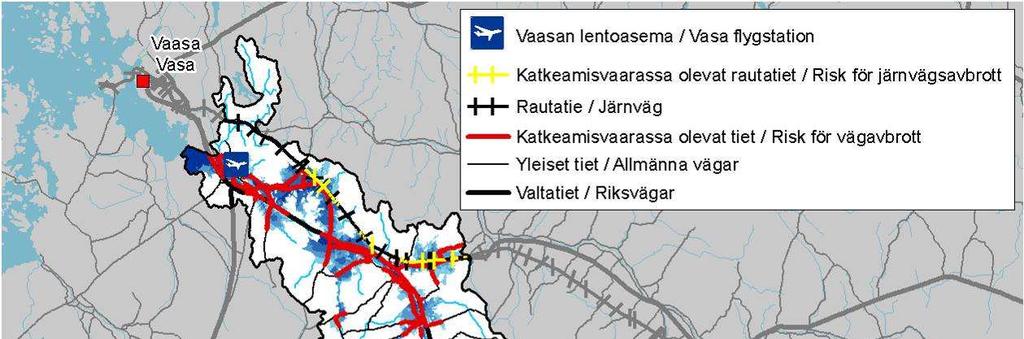 så högt. Däremot kan flödesvattnen orsaka skador på järnvägsstrukturerna. Ett enskilt, beaktansvärt objekt är Vasa flygstation, som ligger vid åns nedre lopp.