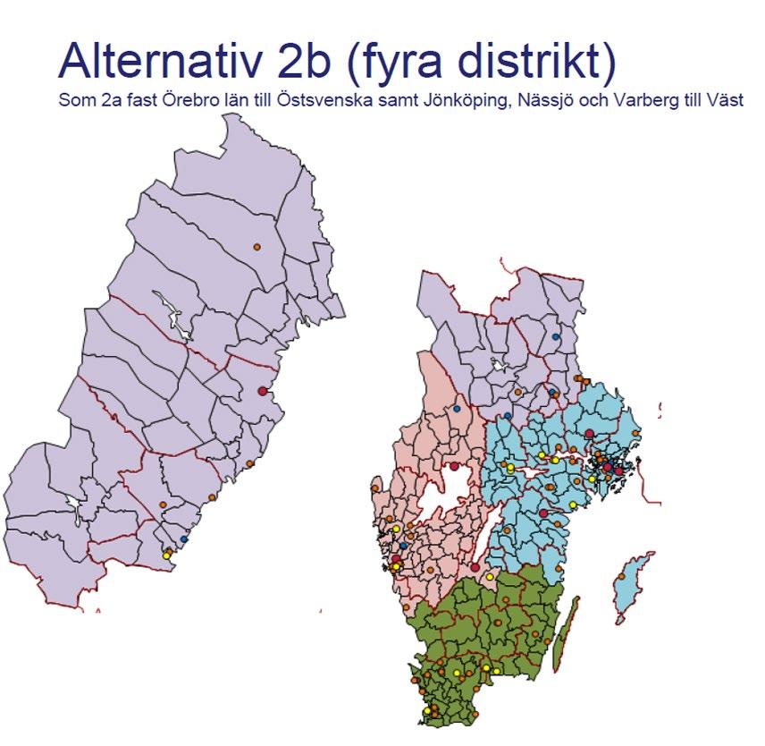 Alternativ 2c: Snittpoäng 4,58 I stort samma som Alternativ 2 b fast södra Dalarna och södra Gävleborg blir del av det nya Öst istället för Nord.