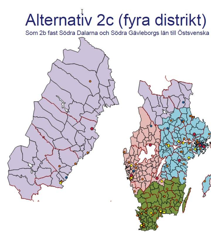 Östsvenskt distrikt. Värmland, Jönköping, Nässjö till Väst. Västervik blir del av Öst. Syd inkluderar även södra Halland Dalarna och Gävleborgs län blir del av Nord.
