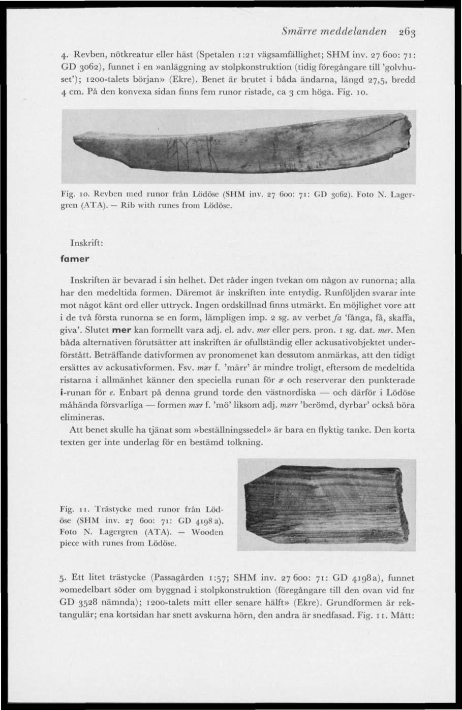 Smärre meddelanden 263 4. Revben, nötkreatur eller häst (Spetalen 1:21 vägsamfällighet; SHM inv.