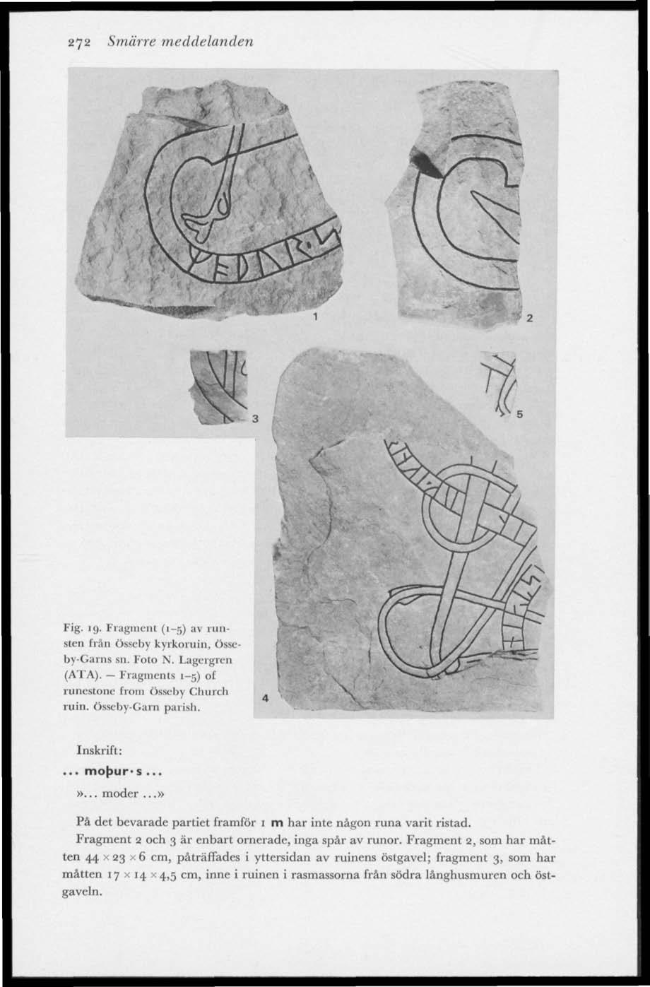 272 Smärre meddelanden Fig. 19. Fragment (1-5) av runsten från Össeby kyrkoruin, Össeby-Garns sn. Foto N. Lagergren (ATA). Fragments 1-5) ot runestone from össeby Church ruin. össeby-garn parish.