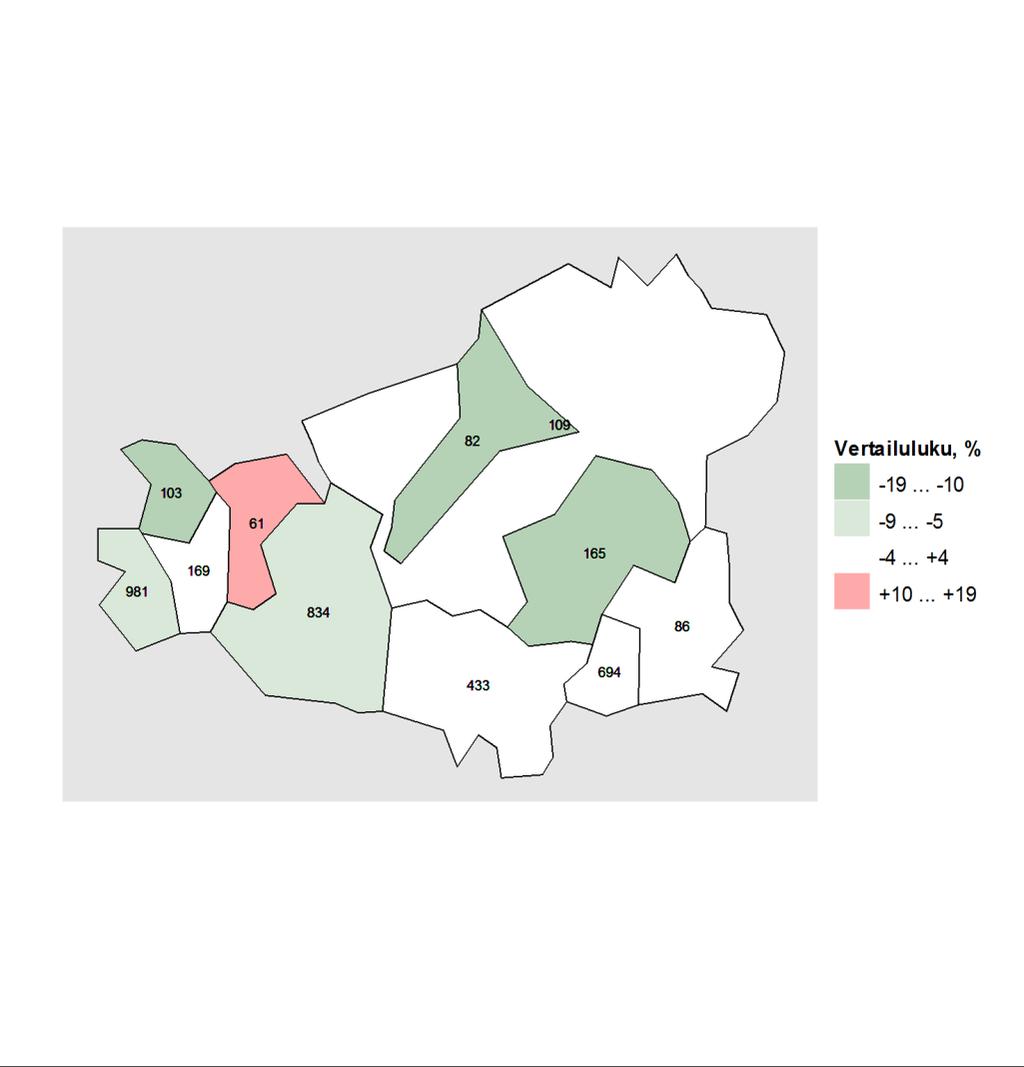 Karta 1. Vårdperioder till följd av skador och förgiftningar i regionens kommuner 2011 2015 jämfört med situationen i hela landet. Karta: Lantmäteriverkets Generalkarta 1:4 500 000, 2011.