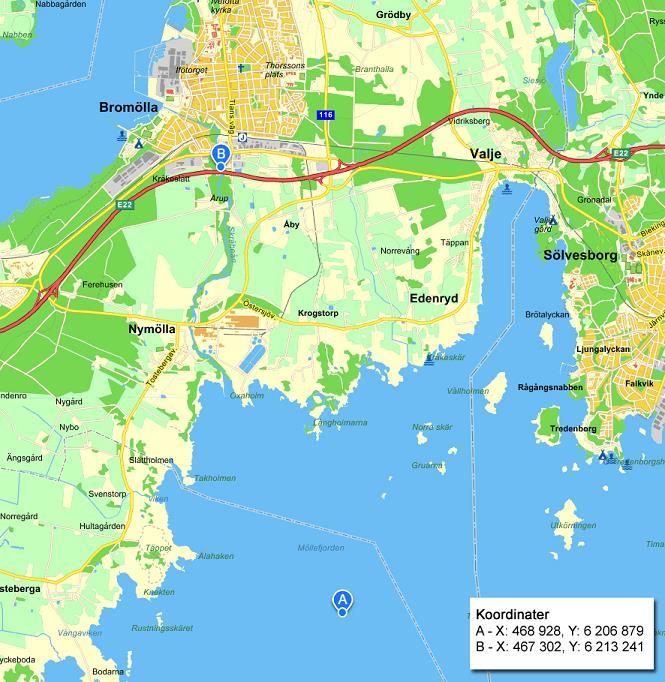 Figur 2 Karta över Bromölla reningsverk utsläppspunkter, Stora Ensos utloppstub (A) och reservrecipient Skräbeån (B) Verksamhetsbeskrivning Nuvarande verksamhet Reningsverket ligger på fastigheten