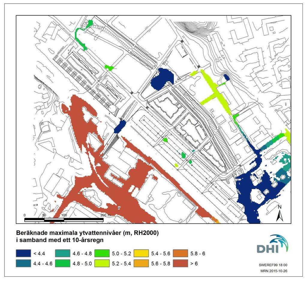 Figur 7. Beräknade maximala ytvattennivåer i kvarteren Gunhild och Gustav i samband med ett 10- årsregn.