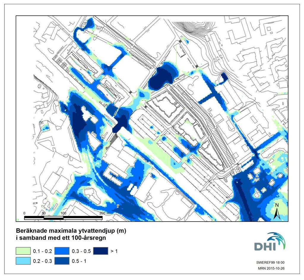 Resultat och kommentarer 3.2 Regn med 100 års återkomsttid Beräknade maximala ytvattendjup för 100-årsregnet visas i Figur 8, och maximala ytvattennivåer i Figur 9.