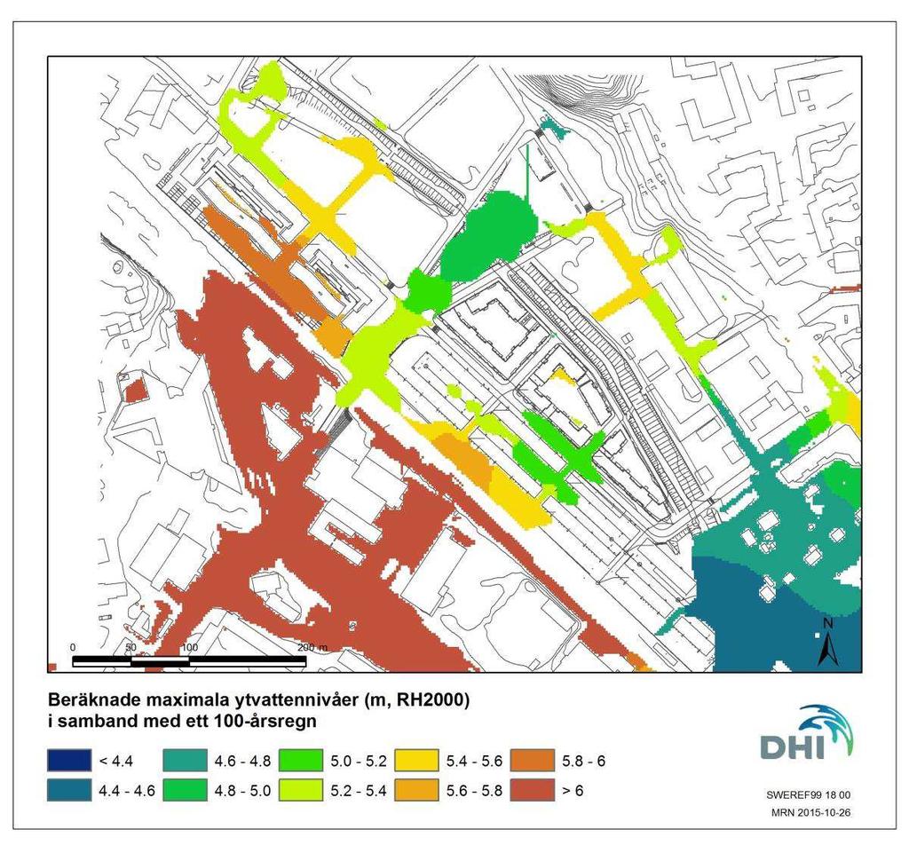 Figur 9. Beräknade maximala ytvattennivåer i kvarteren Gunhild och Gustav i samband med ett 100- årsregn.