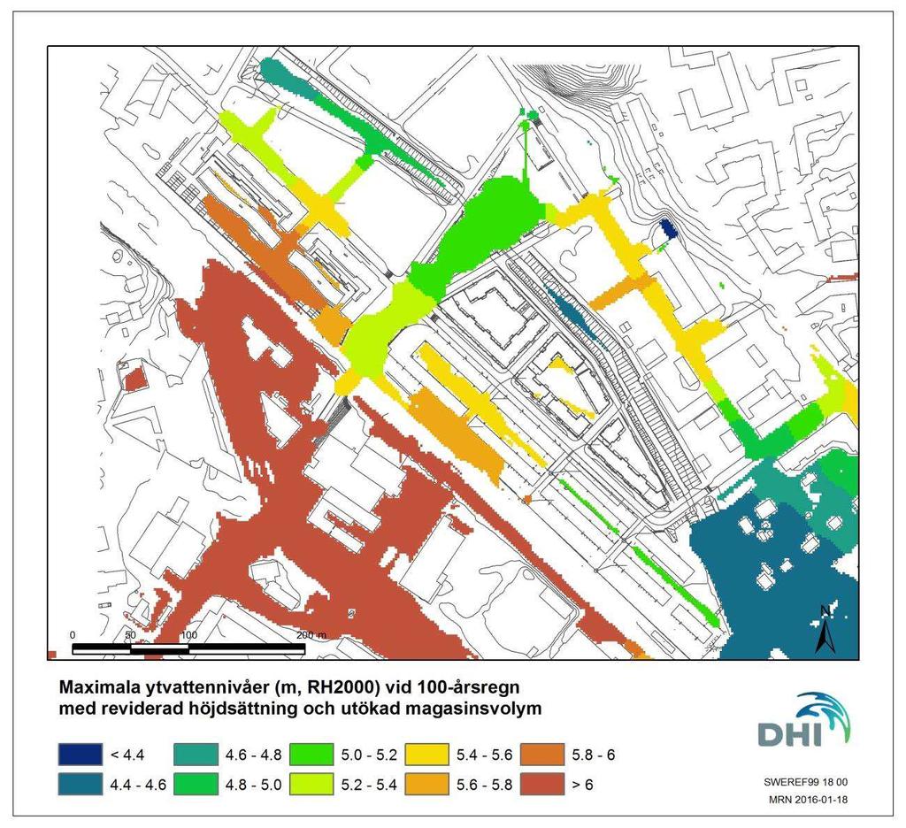 Kompletterande beräkning med reviderad höjdsättning Figur 12. Beräknade maximala ytvattennivåer vid 100-årsregn med reviderad modell 4.