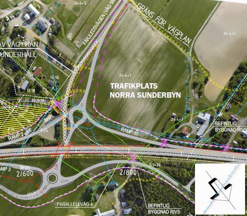 Planerad åtgärd Trafikplatsen Norra Sunderbyn föreslås enligt vägplanen utföras med anslutande vägar (Färjeledsvägen) passerande under väg 97, se Figur 2.