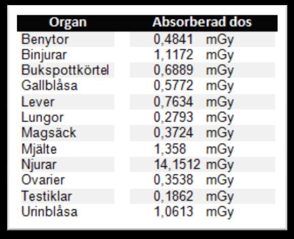 Tabell 4. Absorberad dos för radionuklid Tc-99m DMSA intravenöst för ett barn på 1 år vid given dos på 18,62 MBq (9).