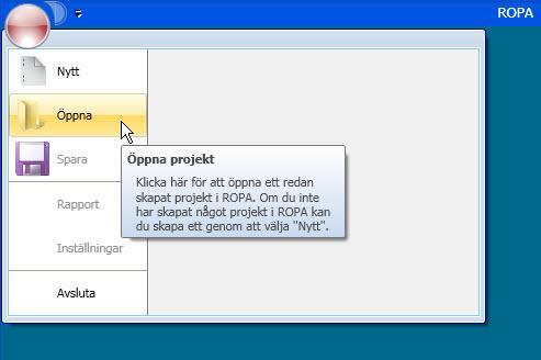 samhällsskydd och beredskap 38 (102) 7. Öppna projekt Om du tidigare skapat projekt i ROPA kan du välja att öppna dem.