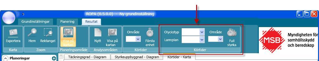 samhällsskydd och beredskap 97 (102) 10.3.2 Körtider full styrka I fliken Körtider kan du välja att se körtider för full styrka. Bild: Välj resultatfliken och inre fliken Körtider Första enhet.