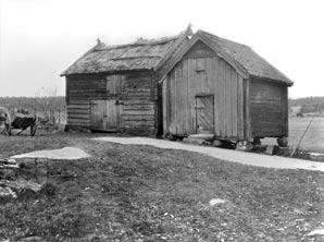 Fig. 7:6. Visthusbod och spannmålsbod av den typ som blev allt vanligare under 1800- talets första hälft i Bälsunda by, Hjälsta socken.