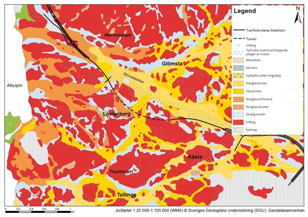 3.3.1 Jord Enligt SGU:s jordartskarta i skala 1:25 000 för detta område (Figur 7) utgörs stora delar av berg i dagen eller ytligt berg med tunna moränskikt.