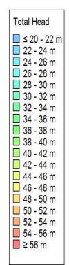 Figur 45. Modell med tunnlar och tätning med hydraulisk konduktivitet 1 10-9 m/s. Nivån där grundvattenbildningen appliceras har här justerats uppåt enligt Fall 5.