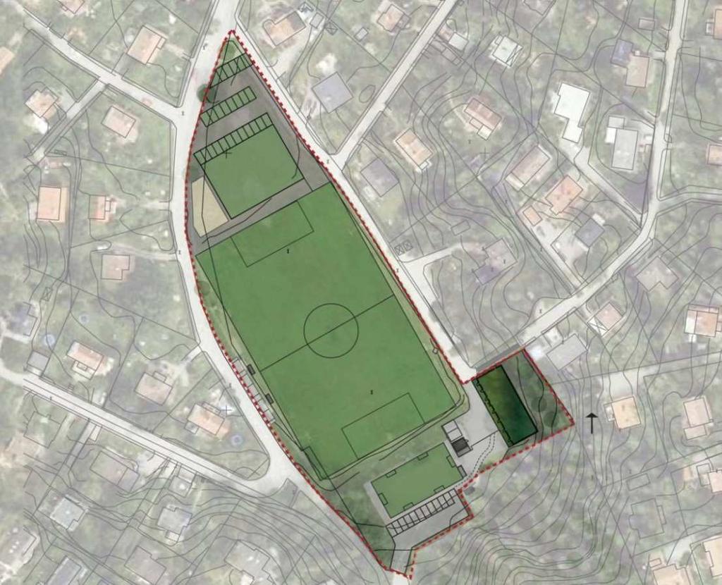 P Lek Illustrationsplan för Gläntans IP Konstgräsplan P Konstgräsplan Förråd Multisport Byggnaden för bl.a. omklädnad, samling och kontor inpassas i en slänt i områdets sydöstra del.