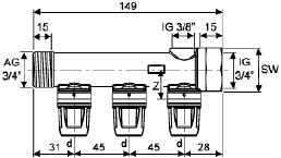 TECElogo måttritning kopplingar TECEflex two-way manifold d SW Tece Art. nr Z 16 32 873 00 02 24.