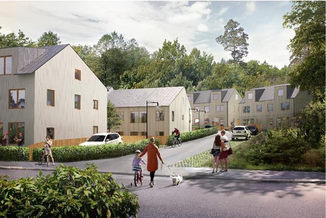 Sida 20 (35) Perspektiv 2: vy vid infart från Stortorpsvägen, mot söder. Bild: ETTELVA Arkitekter.