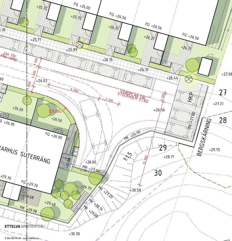 Sida 21 (35) Situationsplan, detalj av detaljritning D (se bilagan) som visar södra delen av kvartersgatan med vändplan, vändradier samt föreslagen placering av en parkeringsplats för