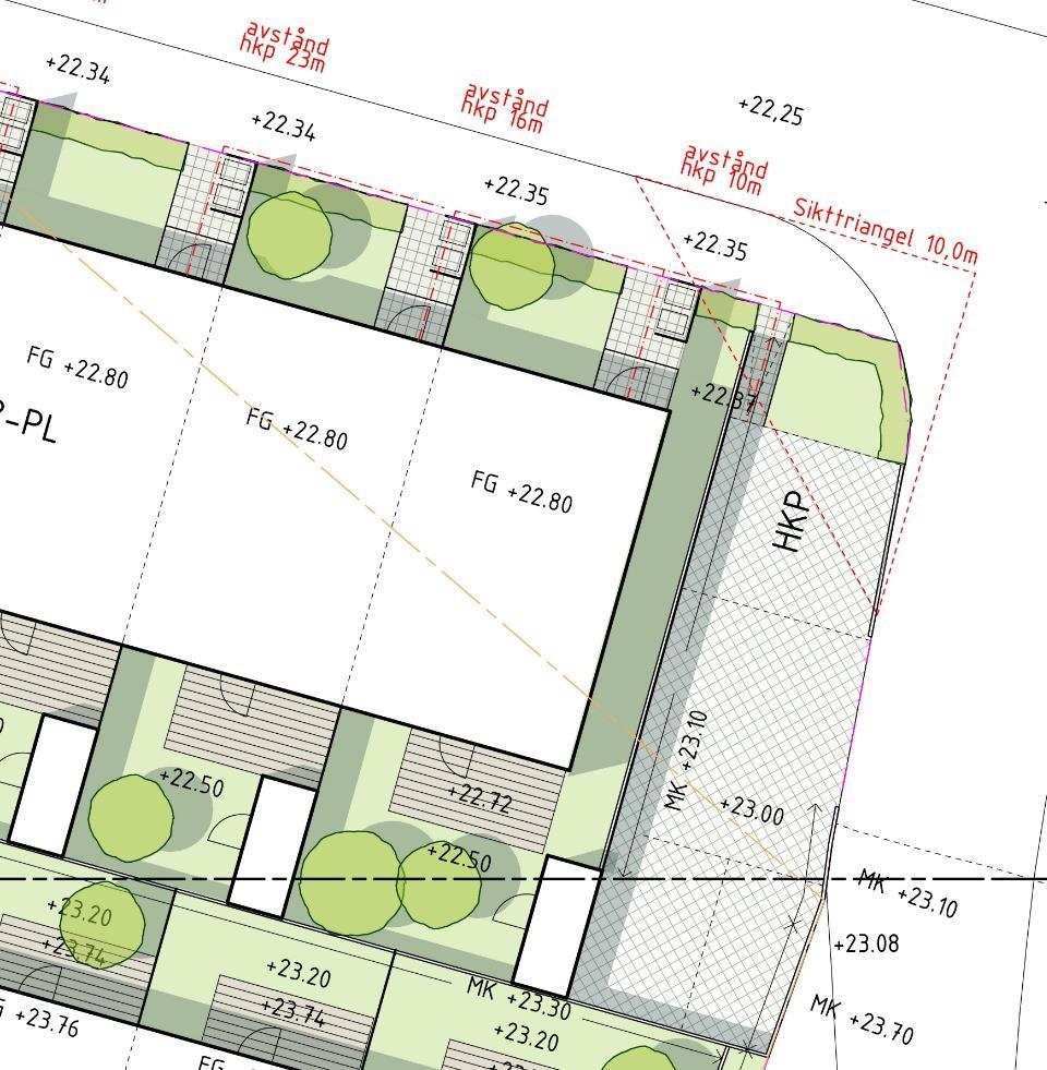 Sida 23 (35) Situationsplan, detalj av detaljritning B (se bilagan) som visar hörnet Stortorpsvägen-Branta backen med föreslagen placering av en parkeringsplats för funktionshindrade samt siktlinje