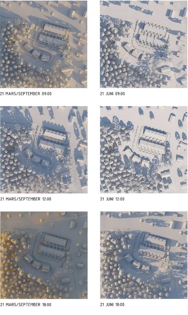 Sida 32 (35) Solstudie som visar solförhållanden den 21 mars/september och den 23 juni, kl. 9, 12 och 18 (se även bilagan). Bild: ETTELVA Arkitekter.