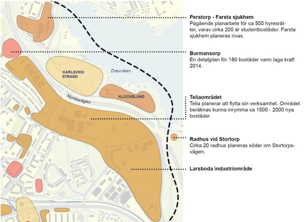 Sida 7 (35) område vid Larsboda som planeras för ca 500 nya bostäder. Den större detaljplanen har antagits i december 2017. Översiktskarta från Larsboda planprogram 2009.