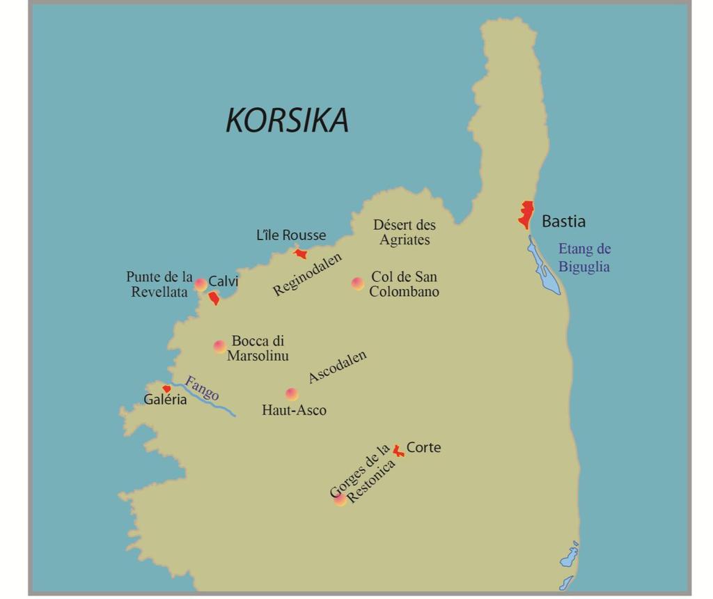 Resan i korthet Dag Orter/resplan 1 Flyg till Korsika, transfer till hotellet i L île Rousse, där vi bor samtliga nätter. 2 Reginodalen, Regino, Barrage de Codole, Feliceto. 3 Ascodalen, Haut-Asco.