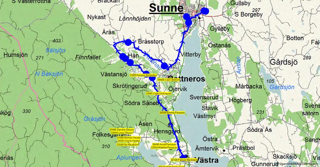 8/16/2018 1:03:35 PM Karta för Tur 6605 M - F Fordon 6603 Skolbuss 9 Sunne 6605 7.25 8.