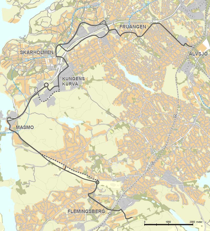 41(101) Omlottkörning längs Skärholmsvägen Omlottkörning längs Smista allé Figur 12 Studerad körväg för ett bussalternativ. Streckad dragning visar på möjlig trafikering utifrån dagens infrastruktur.