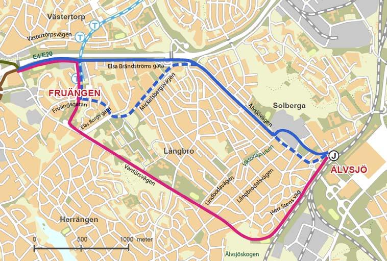 45(101) 5.5.1 Älvsjö Fruängen Mellan Älvsjö och Fruängen finns två huvudalternativ, där alternativet Älvsjövägen har två möjliga kopplingar till Älvsjö station.