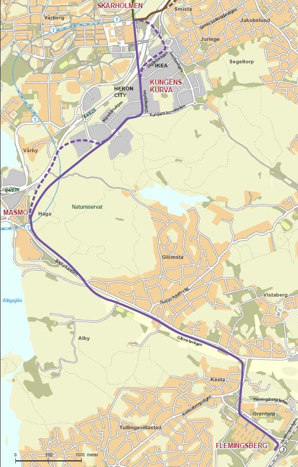 47(101) 5.5.3 Skärholmen Flemingsberg Från Skärholmen till Masmo finns en sträckning som båda alternativen ovan kan anslutas till. På kortare delsträckor finns varianter.