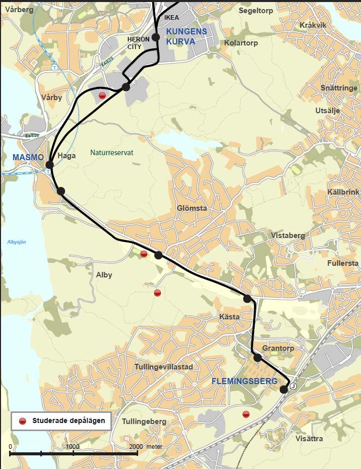 52(101) Skärholmen Kungens Kurva, Krossen Glömstadalen Lovisebergsområdet Grantorp Figur 21 Visar fem lokaliseringsalternativ för depå i anslutning till Spårväg syd.