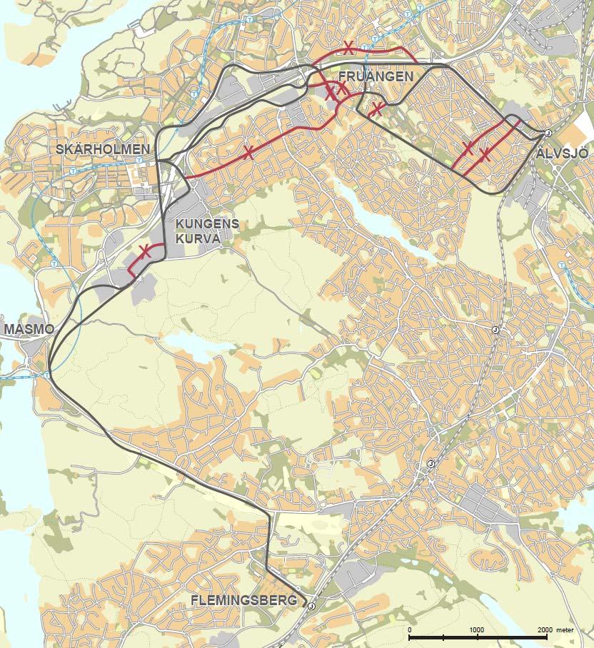 54(101) 5.8 Avförda spårvägsalternativ Som nämndes innan har ett antal alternativa dragningar analyserats, men av olika anledningar avfärdats.