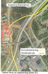 Variant via Smista Park Björksätravägen - Skärholmen I denna variant förläggs spårvägsbron längre västerut med hållplatser i Smista Park, Björksätravägen och Skärholmen.
