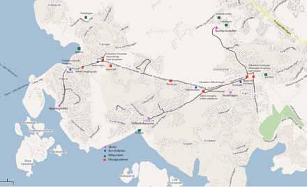 Figur 3.2 Elevernas markerade skolvägar kring väg 155, målpunkter och otrygga platser enligt Barnkonsekvensanalys (Trafikverket 2011). 3.2 Miljöåtgärder Inarbetade miljöåtgärder Gestaltning Ett gestaltningsprogram har tagits fram med riktlinjer för utformning av väganläggningens olika delar, t.