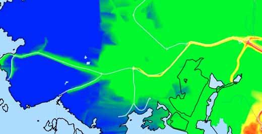 Figur 4.1 Beräkning av kvävedioxid som dygnsmedelvärde år 2009 över väg 155, Öckeröleden.
