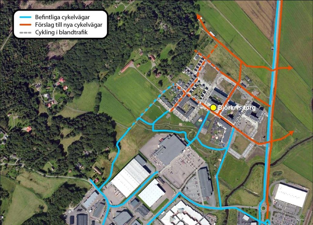 parkeringsfickorna. Detta innebär att cykling i blandtrafik rekommenderas på gator med parallellparkering. Figuren nedan visar de rekommenderade gatorna för cykling i blandtrafik. Figur 11.
