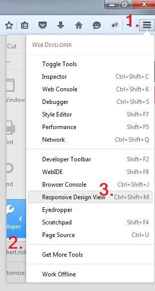 Verktyget heter Responsive Design View och kan aktiveras från menyn under Development, som i figuren här, tagen från Firefox. Snabbvalet Ctrl+Shift+M kan också användas.