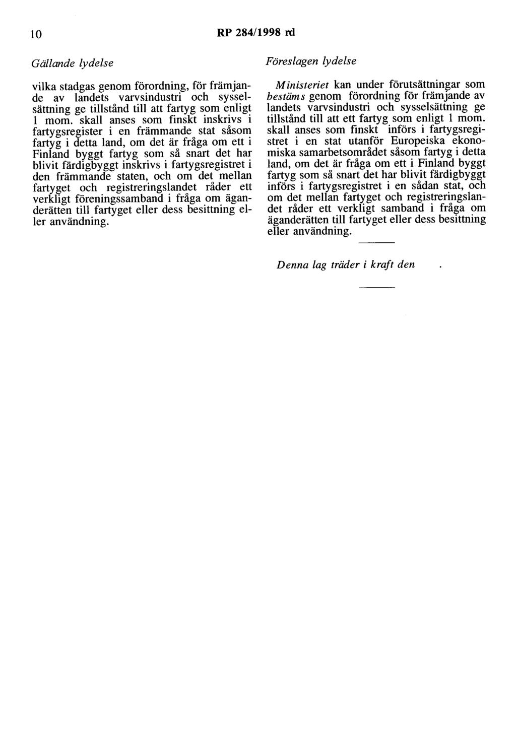 10 RP 284/1998 rd Gällande lydelse vilka stadgas genom förordning, för främjande av landets varvsindustri och sysselsättning ge tillstånd till att fartyg som enligt l mom.