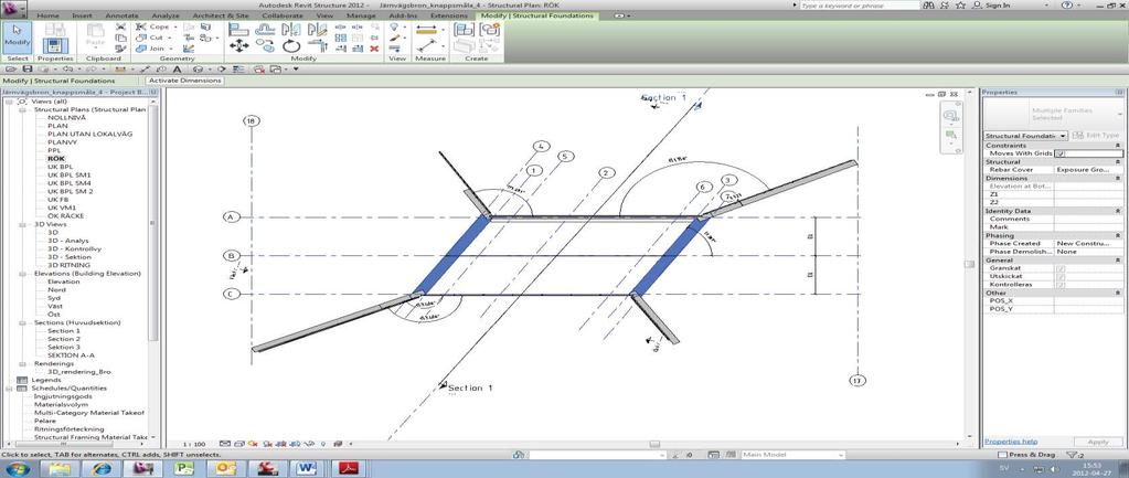 Bild 7. Plan och elevation av ramben Bild 8. Blåmarkerade ramben i projektet 2.