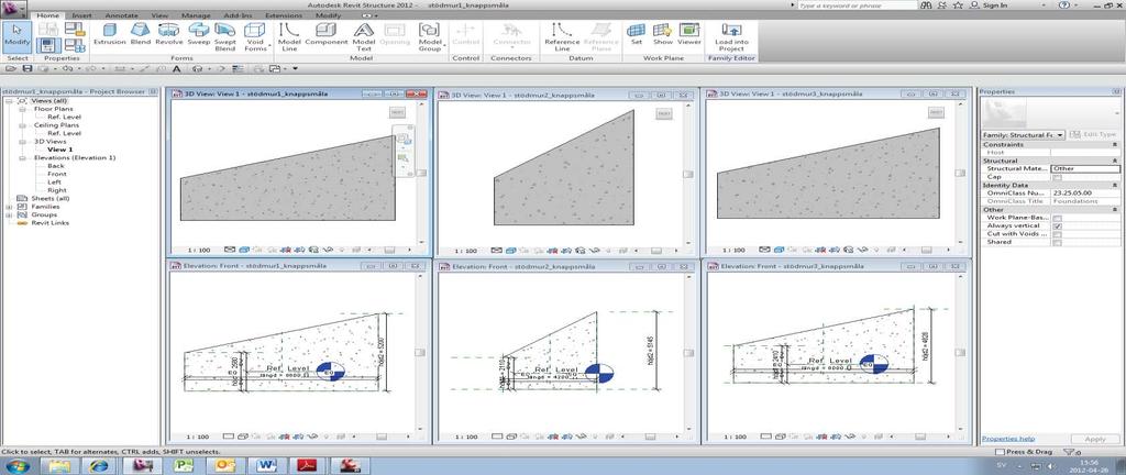 räckte att modellera en stödmur i Revit familj och skapa de andra genom att ändra parametriska värden på den utförda familjen, se